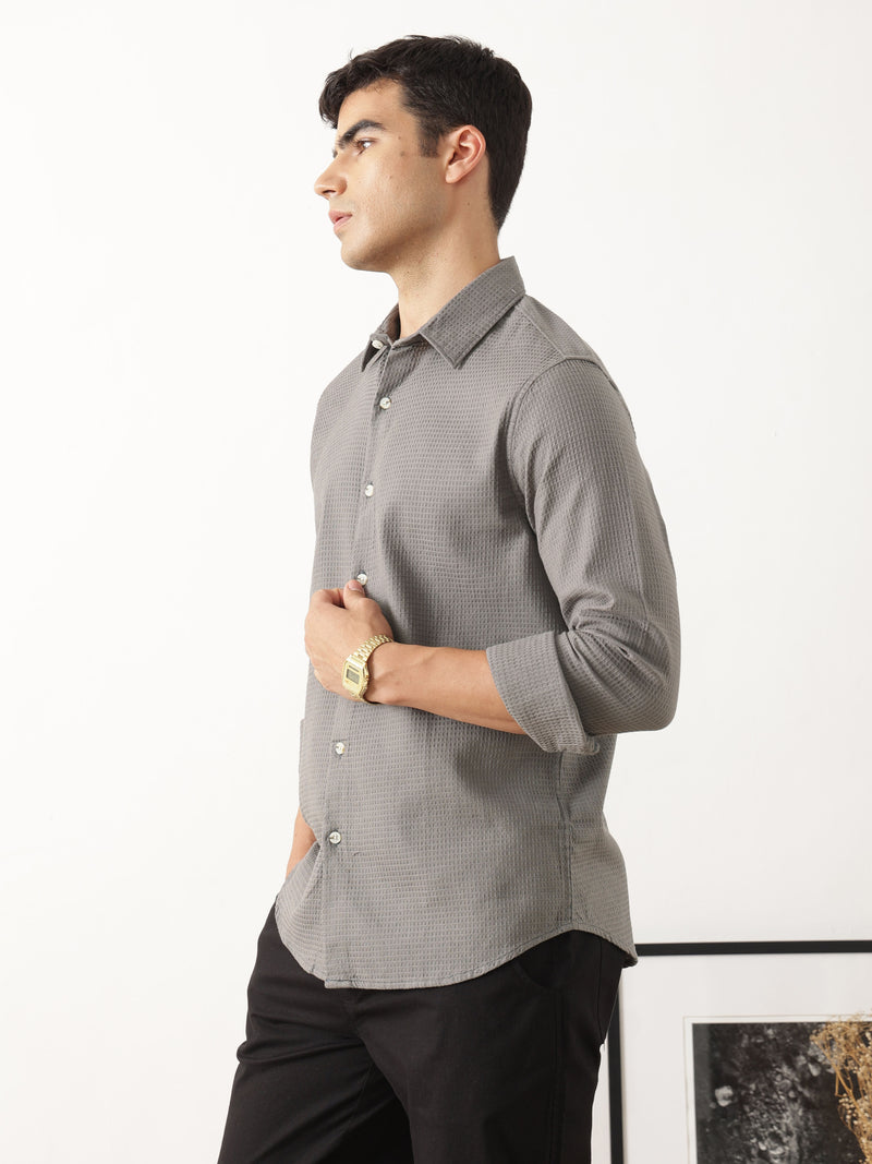 Thomas Scott Men Premium Grey Regular Fit Long Sleeves Spread Collar Textured Casual Shirt