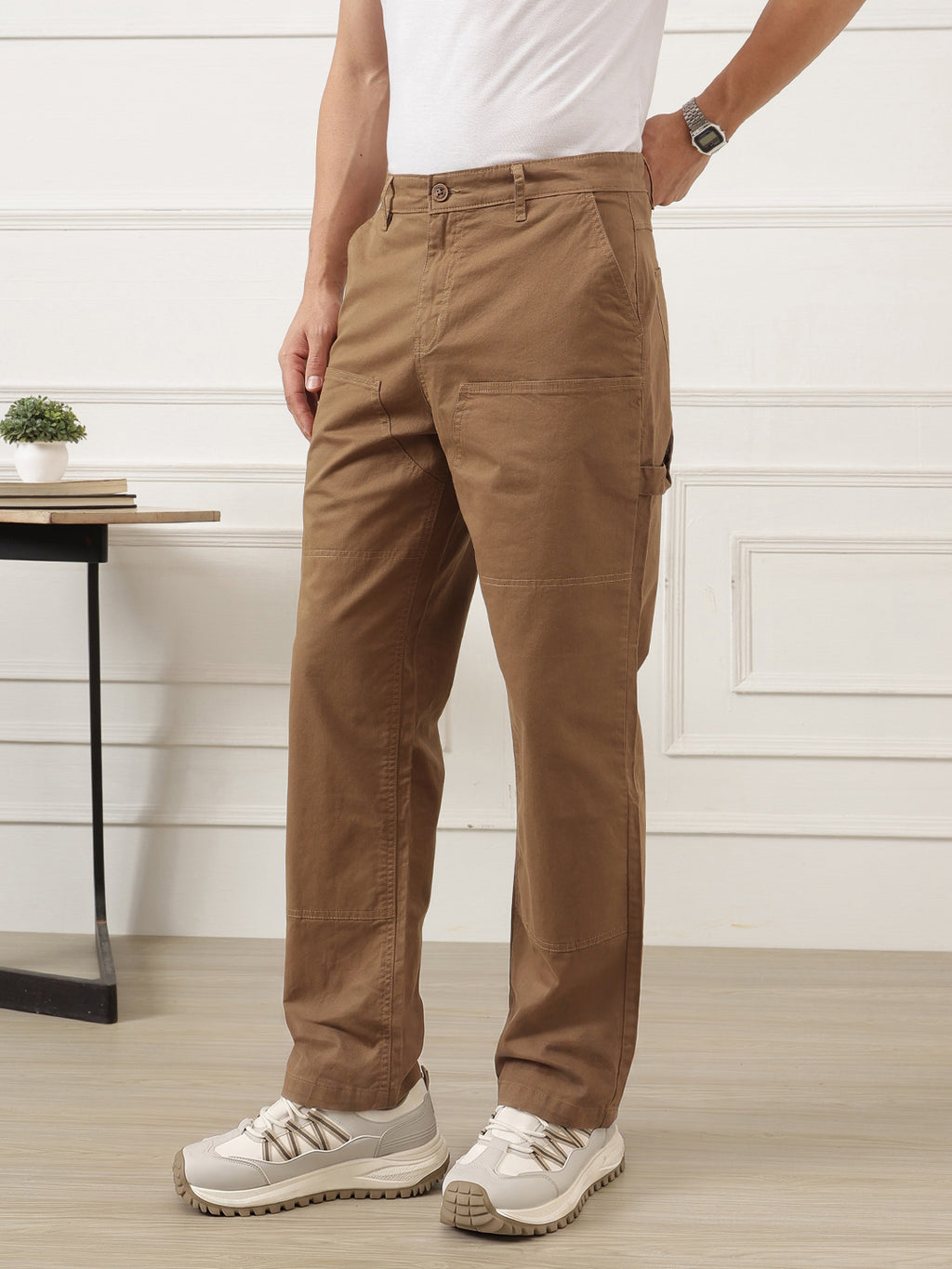 Brown Smart Easy Wash Regular Fit Mid-Rise Solid Woven Carpenter Trouser For Men