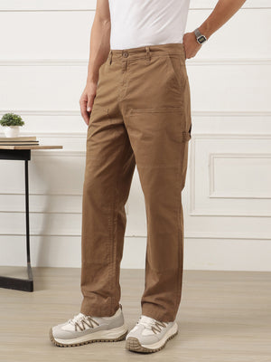 Brown Smart Easy Wash Regular Fit Mid-Rise Solid Woven Carpenter Trouser For Men