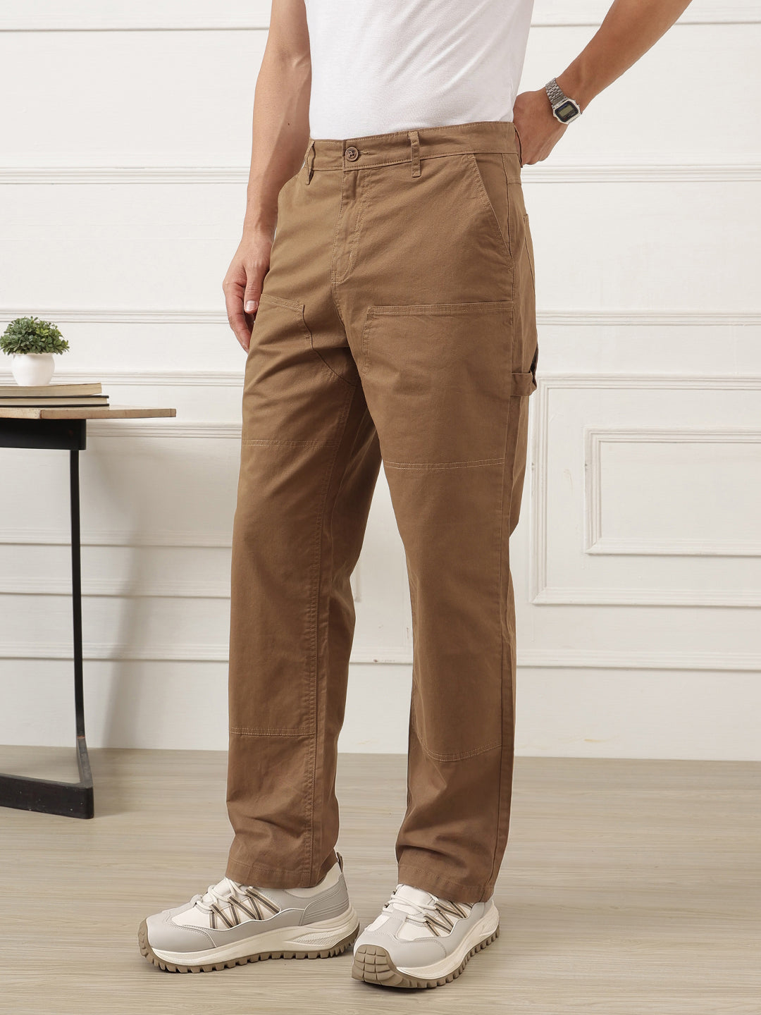 Brown Smart Easy Wash Regular Fit Mid-Rise Solid Woven Carpenter Trouser For Men
