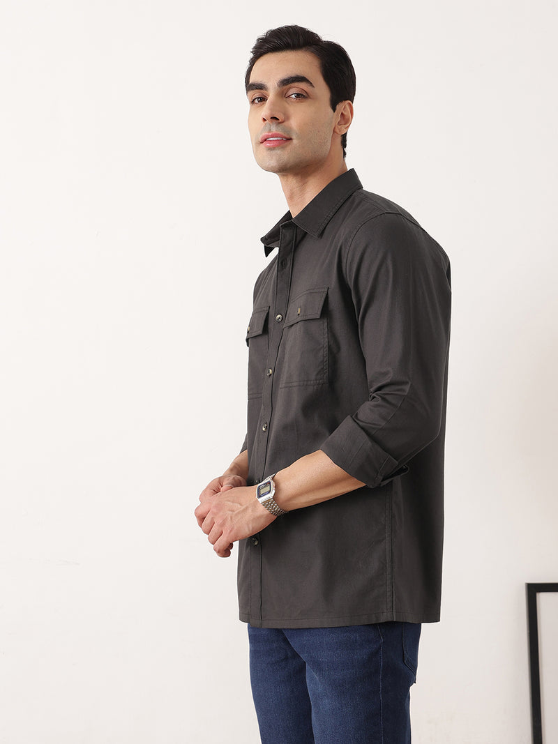 Thomas Scott Men Dark Grey Premium Regular Fit Long Sleeves Spread Collar Solid Cotton Casual Shirt with 2 Flap Pockets