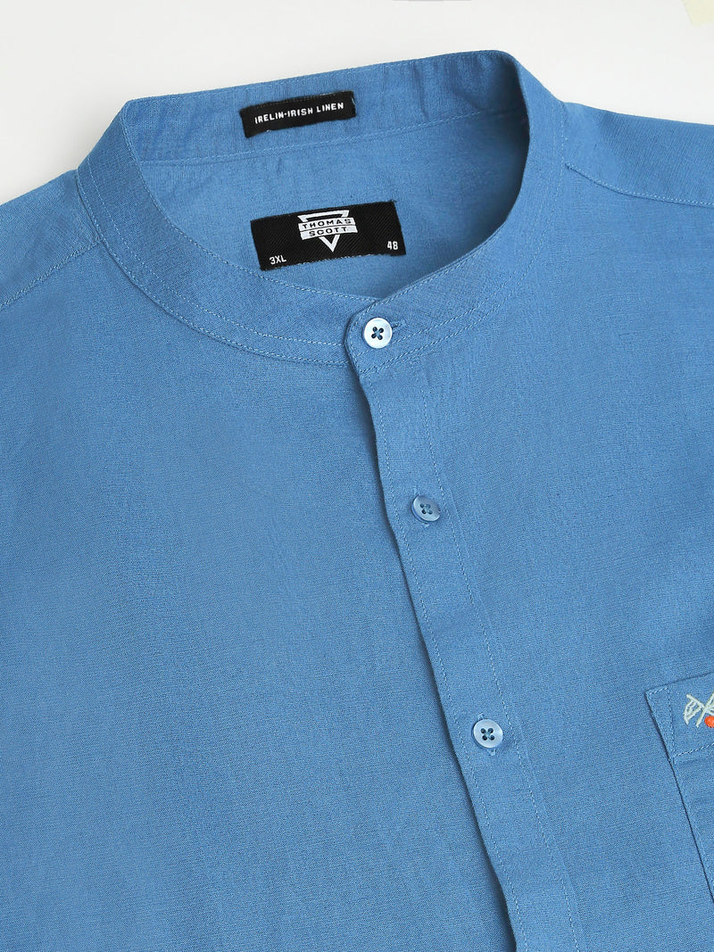 Thomas Scott Men Teal Premium Plus Size Regular Fit Long Sleeves Band Collar Solid Cotton Linen Casual Shirt