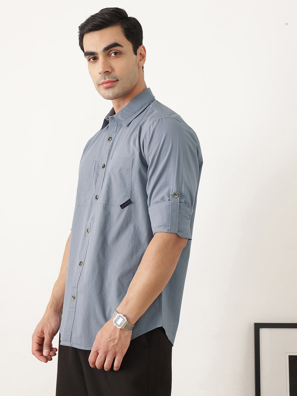 Thomas Scott Men Premium Mid Blue Slim Fit Long Roll-Up Sleeves Spread Collar Solid Cotton Casual Shirts