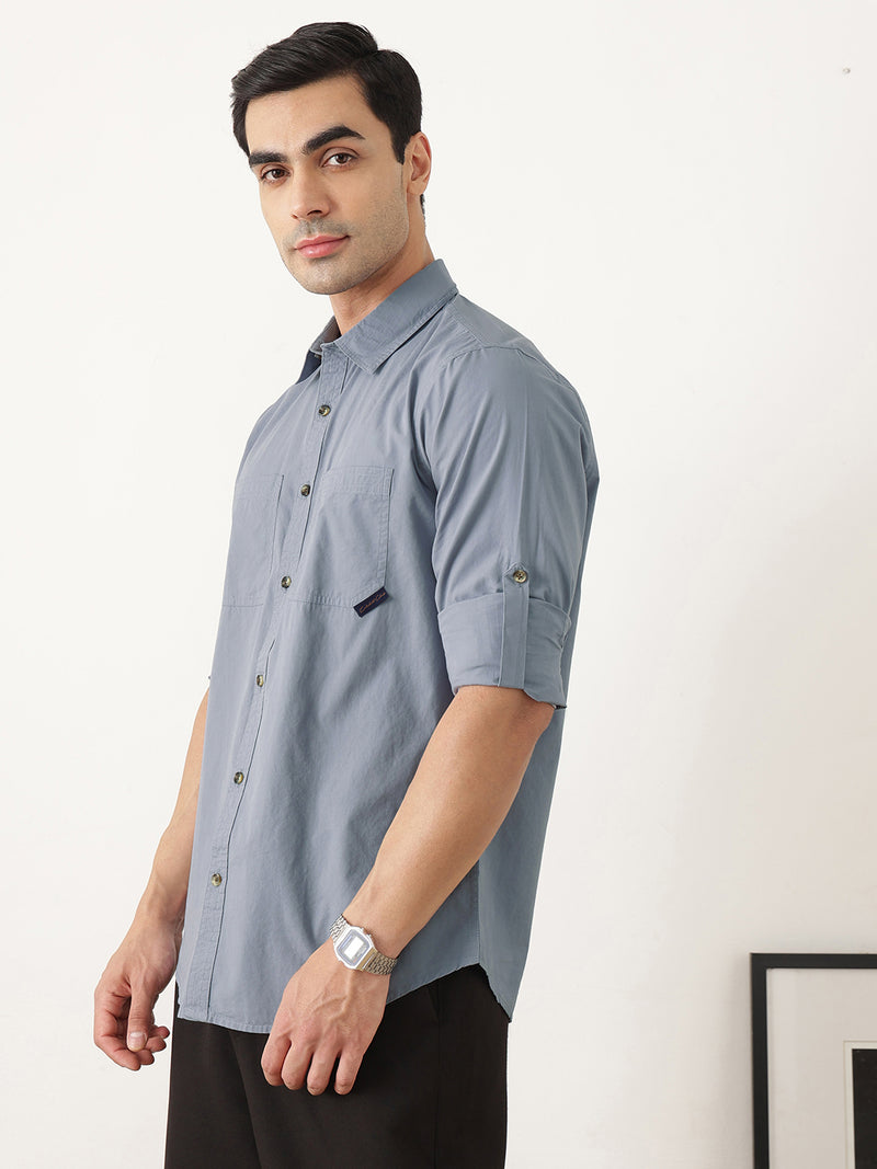 Thomas Scott Men Premium Mid Blue Slim Fit Long Roll-Up Sleeves Spread Collar Solid Cotton Casual Shirts