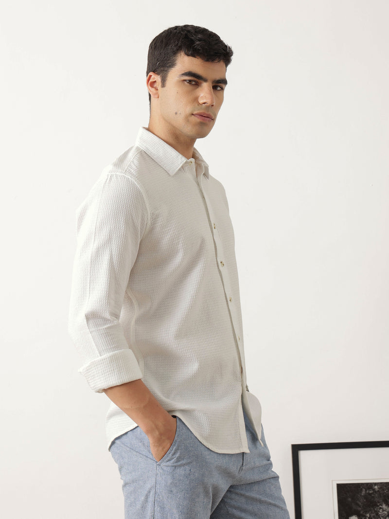 Thomas Scott Men Premium White Regular Fit Long Sleeves Spread Collar Textured Casual Shirt