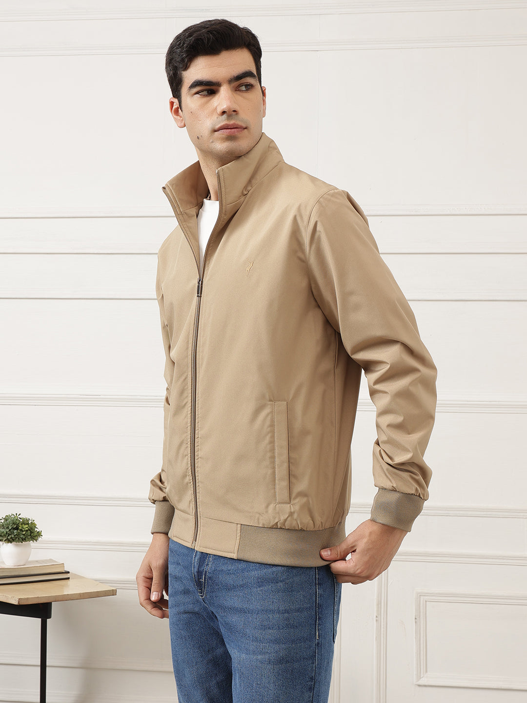 Beige Regular Fit Solid Full Sleeves Stand Collar Zip-Front Casual Bomber Jacket For Men
