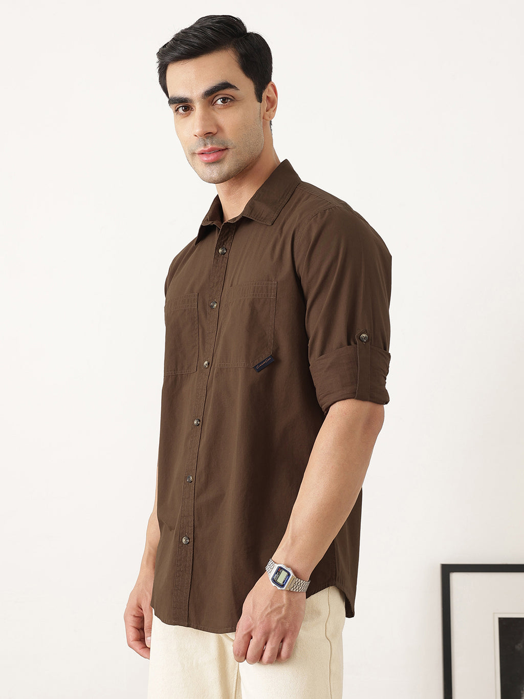 Thomas Scott Men Premium Brown Slim Fit Long Roll-Up Sleeves Spread Collar Solid Cotton Casual Shirts