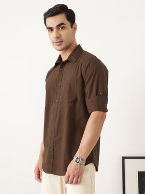 Thomas Scott Men Premium Brown Slim Fit Long Roll-Up Sleeves Spread Collar Solid Cotton Casual Shirts