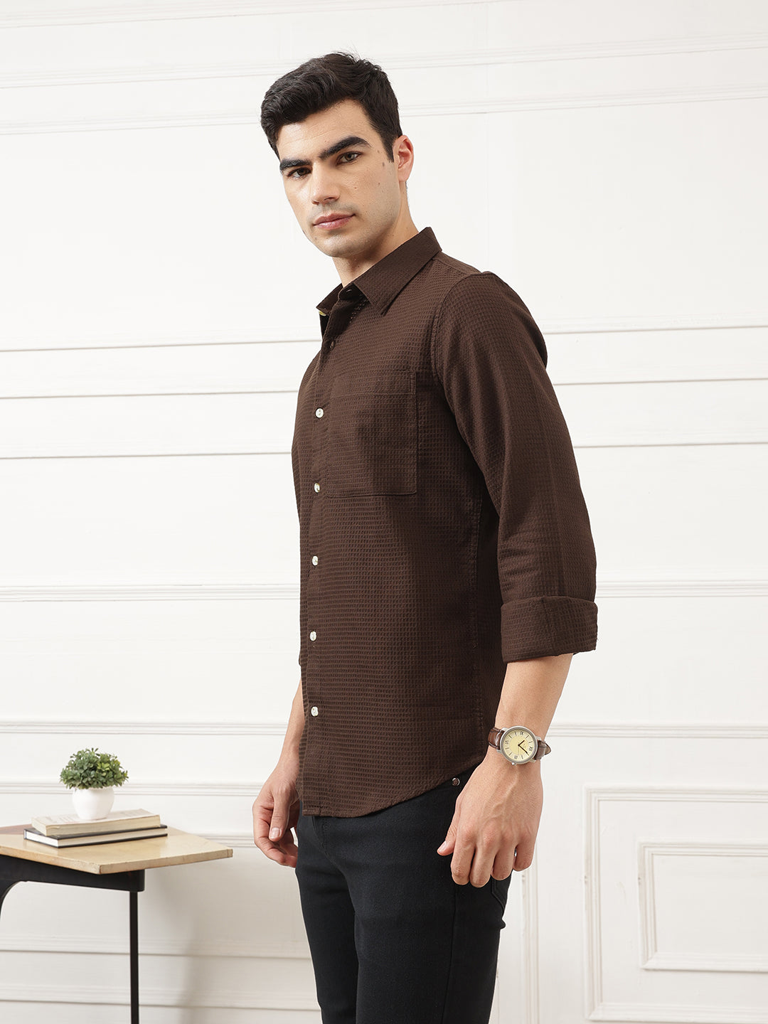 Brown Premium Regular Fit Long Sleeves Spread Collar Textured Cotton Casual Shirt For Men