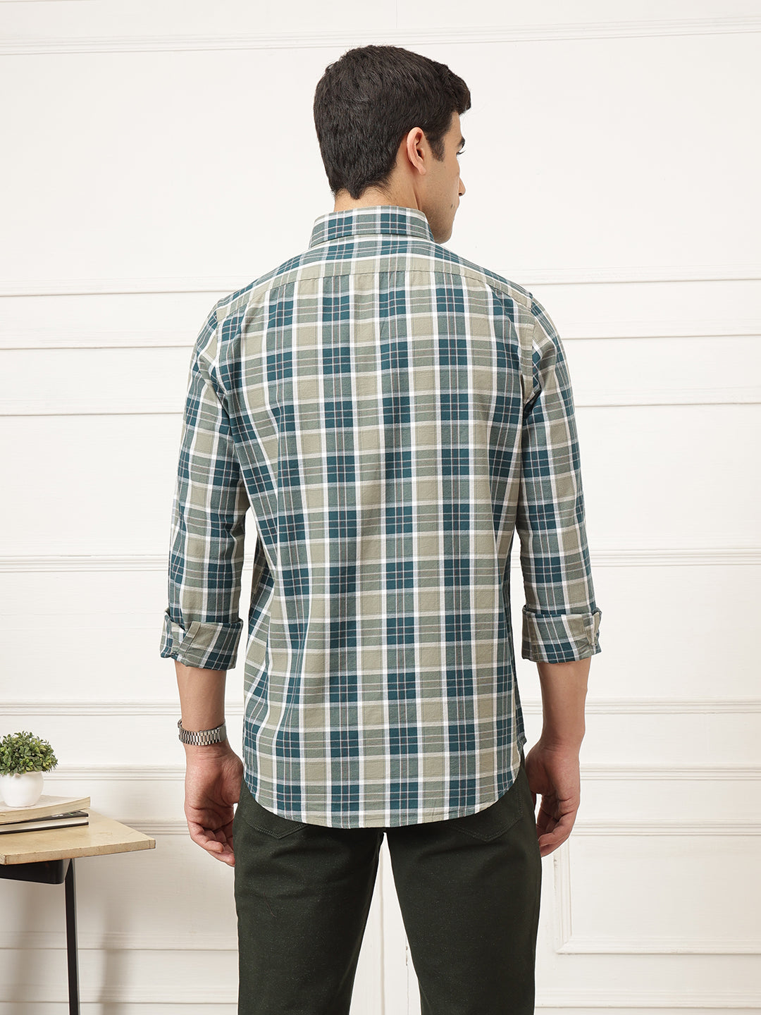 Olive Premium Regular Fit Tartan Checks Cotton Oxford Shirt For Men
