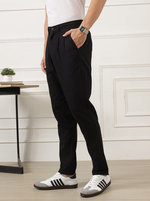 Black Smart Easy Wash Mid Rise Regular Fit Cotton Woven Pleated Chinos Trouser For Men