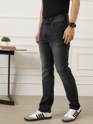 Black Smart Straight Fit Mid-Rise Clean Look Stretchable Jeans For Men
