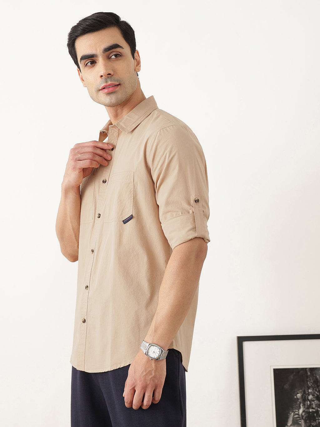 Thomas Scott Men Premium Khaki Slim Fit Long Roll-Up Sleeves Spread Collar Solid Cotton Casual Shirts
