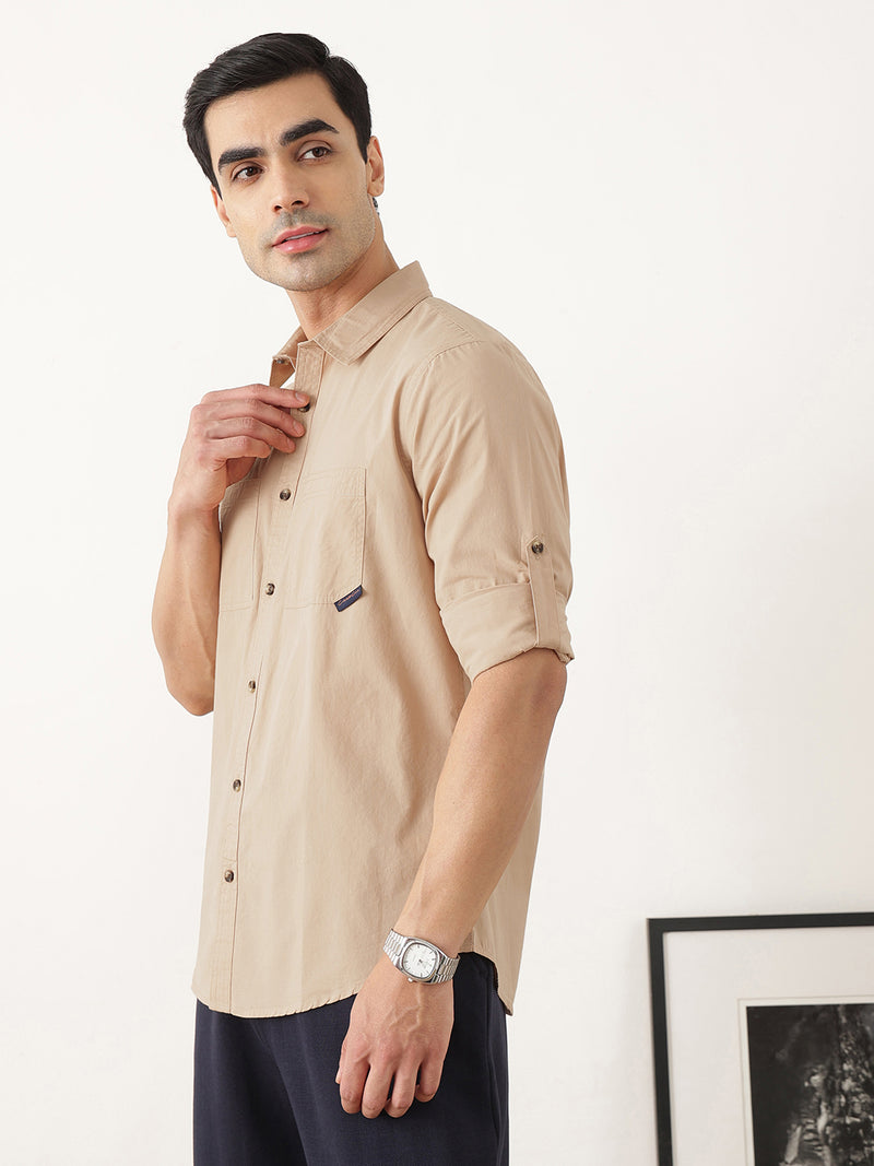 Thomas Scott Men Premium Khaki Slim Fit Long Roll-Up Sleeves Spread Collar Solid Cotton Casual Shirts