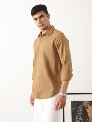 Thomas Scott Men Premium Rust Regular Fit Long Sleeves Spread Collar Textured Casual Shirt