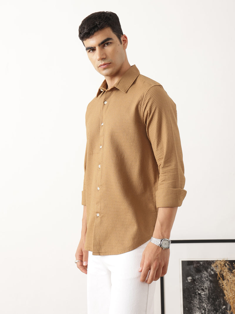 Thomas Scott Men Premium Rust Regular Fit Long Sleeves Spread Collar Textured Casual Shirt