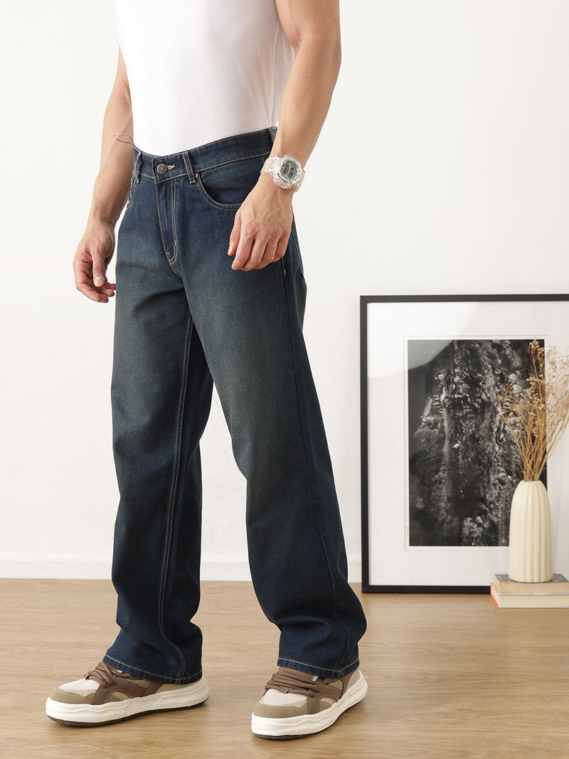 Thomas Scott Men Dark Blue Baggy Fit Medium Shade Clean Look Non Stretchable Jeans