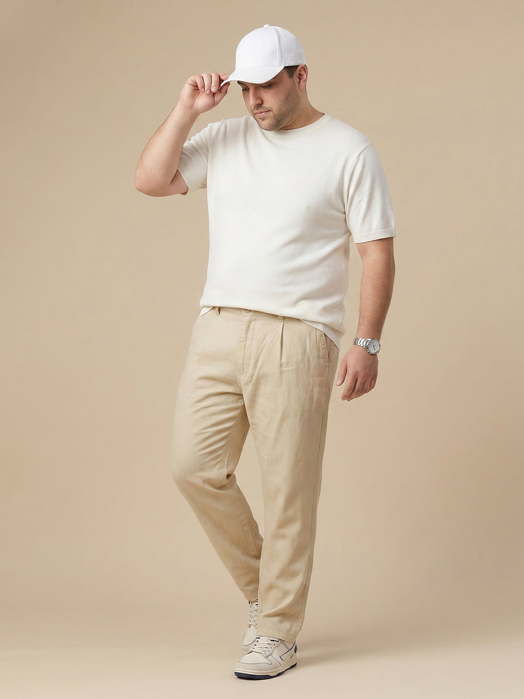 Thomas Scott Men Khaki Plus Size Straight Fit Mid-Rise Easy Wash Woven Chinos Trouser