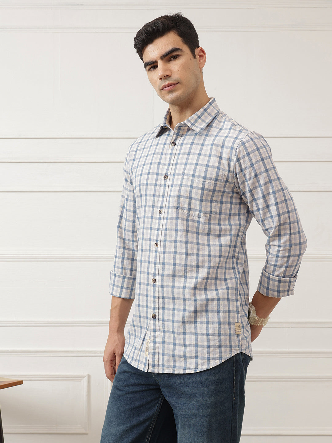 Mid Blue Premium Slim Fit Graphic Checked Cotton Linen Casual Shirt For Men