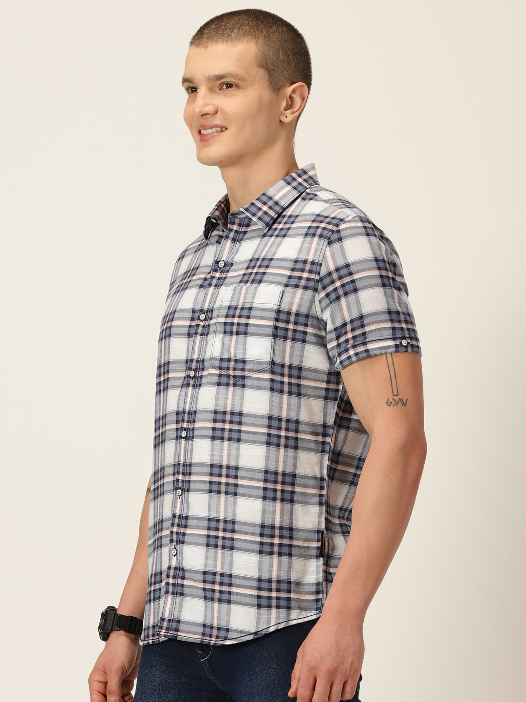 Thomas Scott Men Navy Smart Slim Fit Short Sleeves Tartan Checks Spread Collar Cotton Casual Shirt