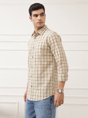 Khaki Premium Slim Fit Graphic Checked Cotton Linen Casual Shirt For Men