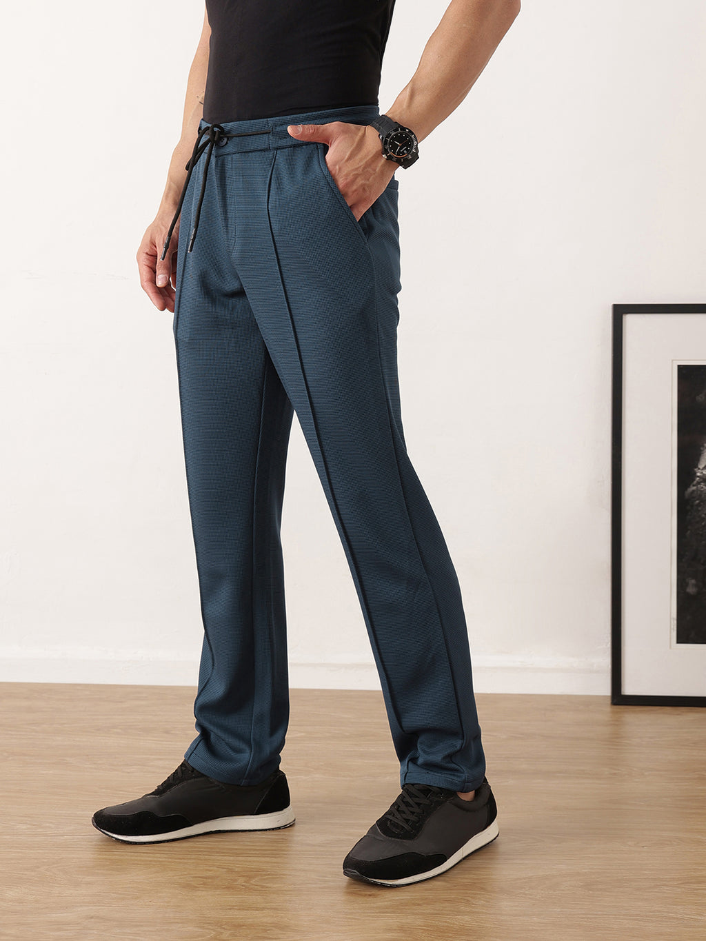 Thomas Scott Men Blue Smart Regular Fit Mid-Rise Textured Pleated Knitted Casual Trousers with Drawstring Closure