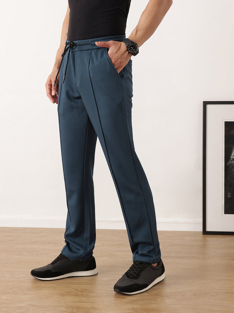 Thomas Scott Men Blue Smart Regular Fit Mid-Rise Textured Pleated Knitted Casual Trousers with Drawstring Closure