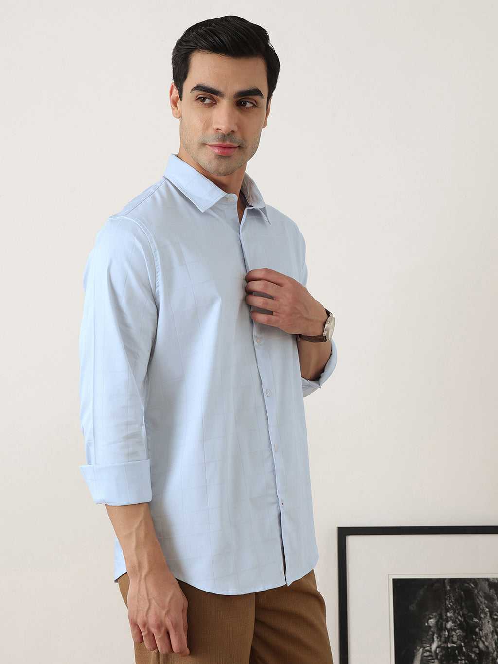 Thomas Scott Men Premium Sky Blue Regular Fit Long Sleeves Spread Collar Windowpane Checks Cotton Lycra Casual Shirt