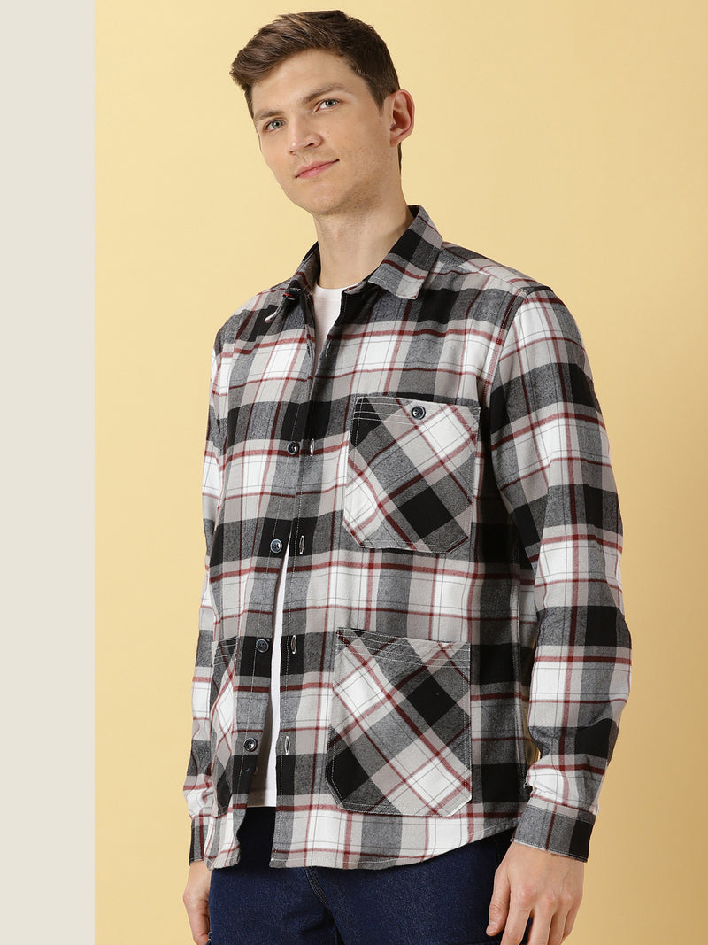 Thomas Scott Men Black Classic Oversize Fit Long Sleeves Spread Collar Tartan Checks Knitted Casual Shirt