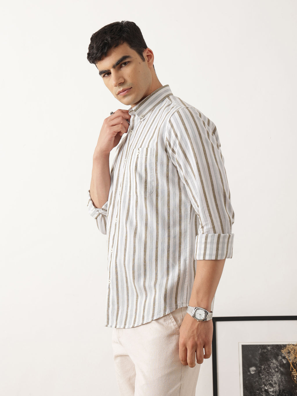 Thomas Scott Men Premium White Slim Fit Long Sleeves Vertical Striped Cotton Linen Casual Shirt with Button Down Collar
