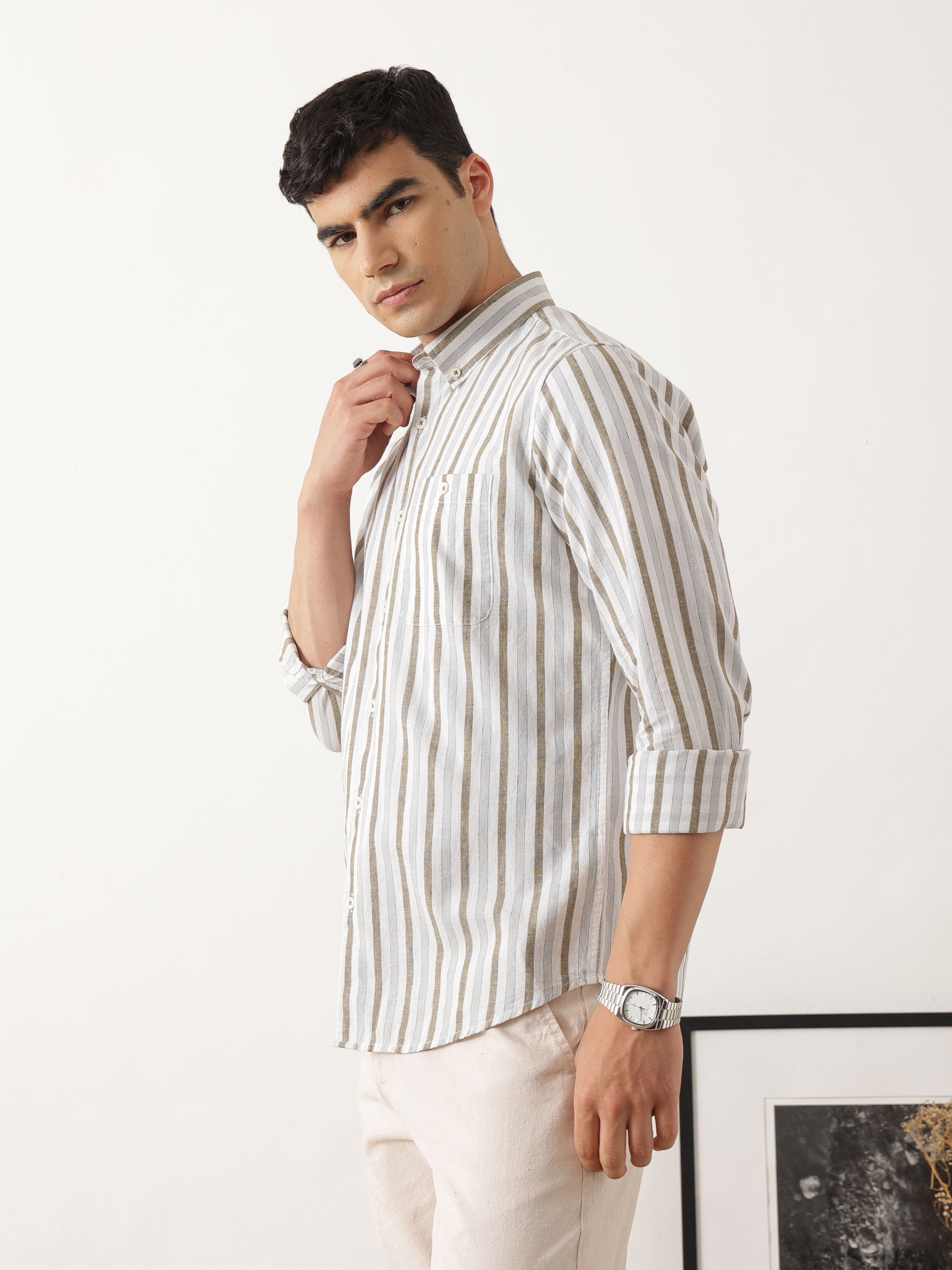 Thomas Scott Men Premium White Slim Fit Long Sleeves Vertical Striped Cotton Linen Casual Shirt with Button Down Collar