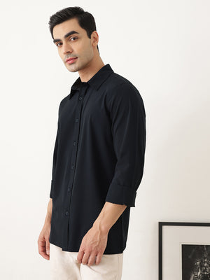 Thomas Scott Men Premium Navy Slim Fit Long Sleeves Spread Collar Solid Casual Shirt