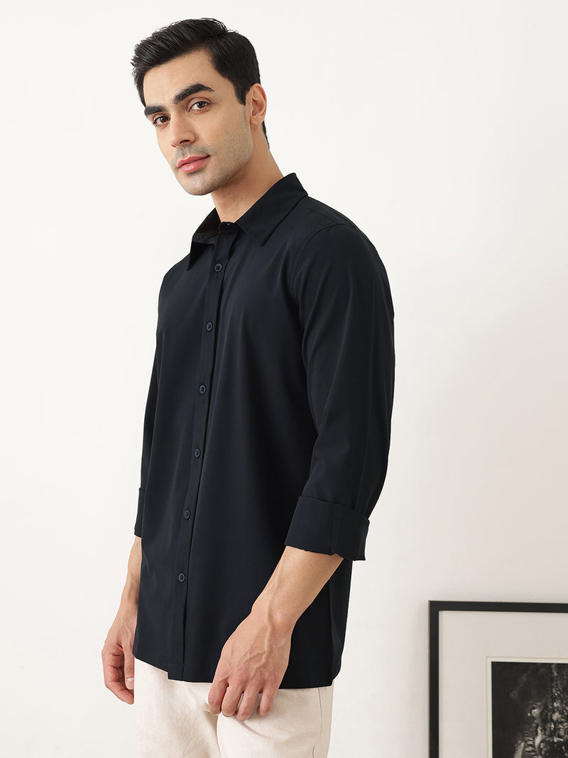 Thomas Scott Men Premium Navy Slim Fit Long Sleeves Spread Collar Solid Casual Shirt