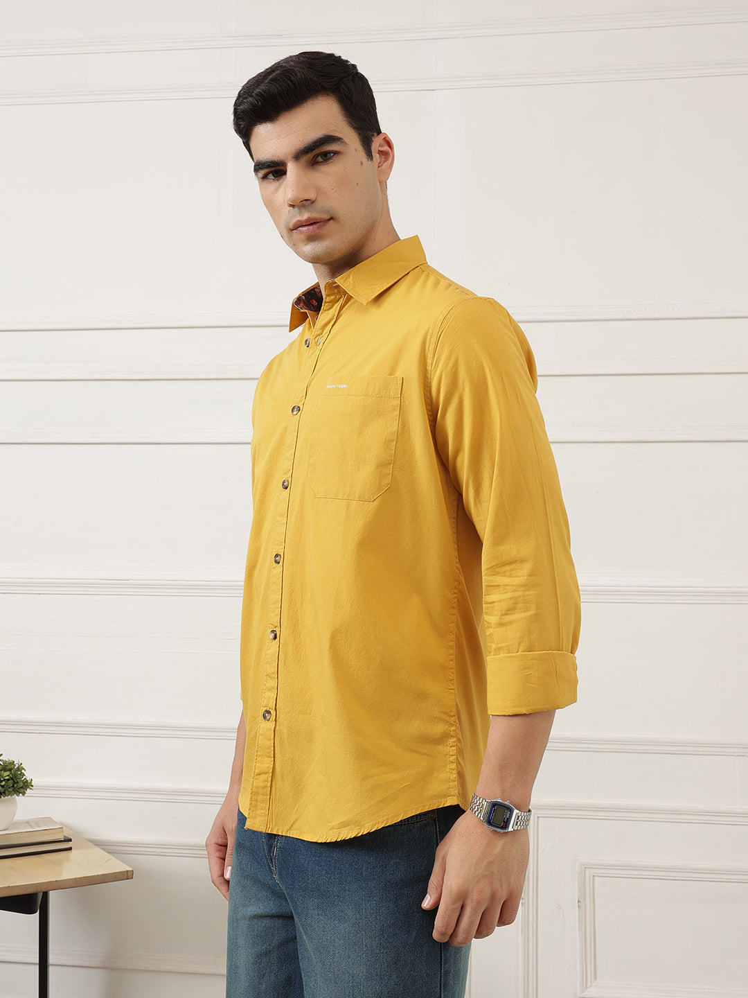 Yellow Premium Regular Fit Long Sleeves Spread Collar Solid Cotton Casual Shirt For Men