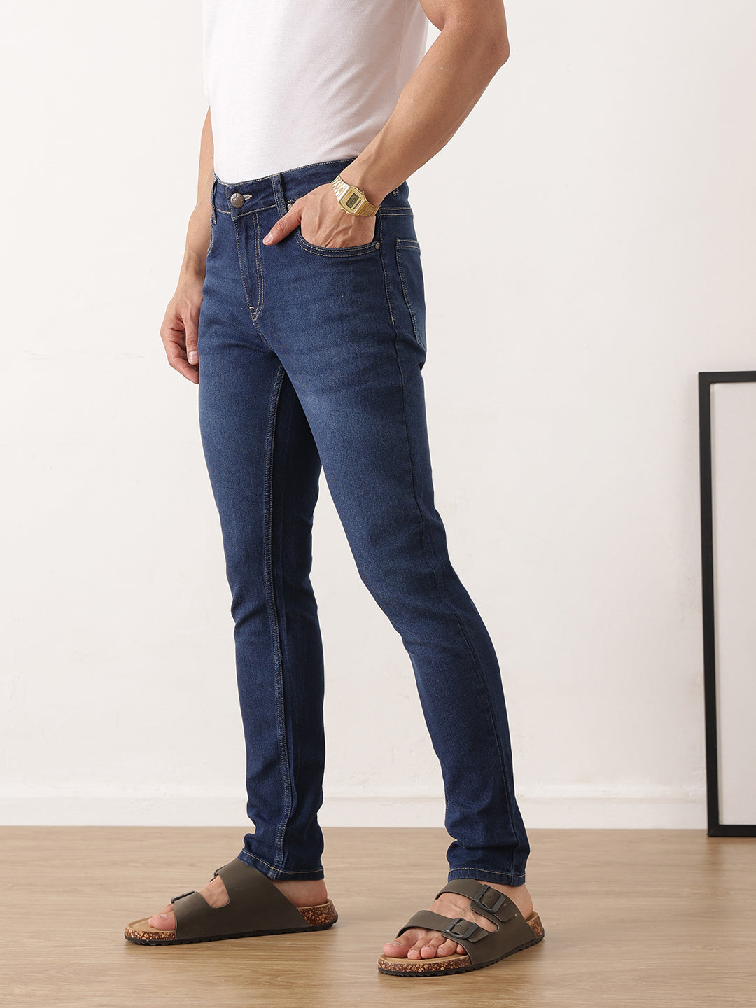 Thomas Scott Men Dark Blue Smart Skinny Fit Mid-Rise Light Fade Clean Look Stretchable Jeans