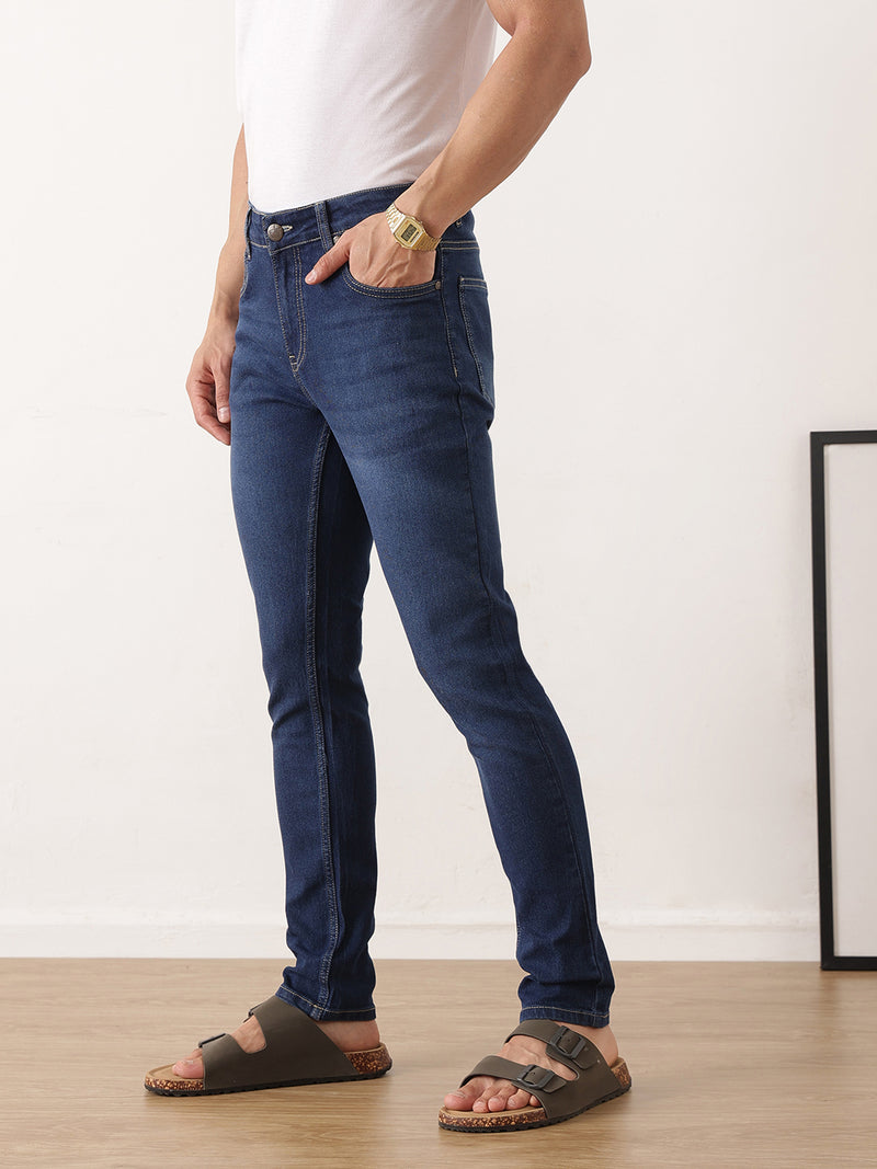 Thomas Scott Men Dark Blue Smart Skinny Fit Mid-Rise Light Fade Clean Look Stretchable Jeans