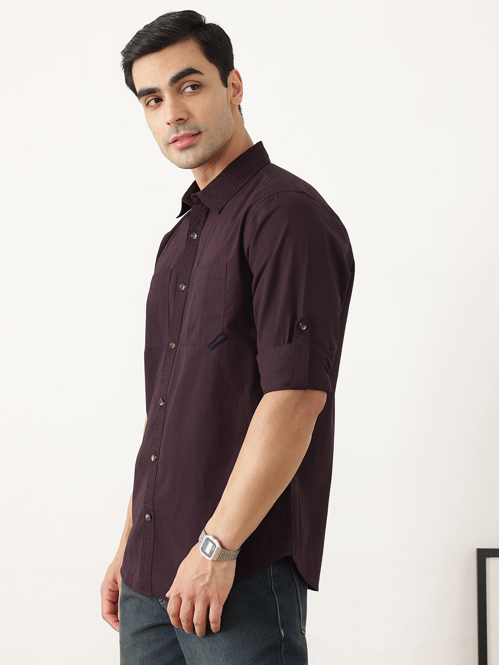 Thomas Scott Men Premium Wine Slim Fit Long Roll-Up Sleeves Spread Collar Solid Cotton Casual Shirts