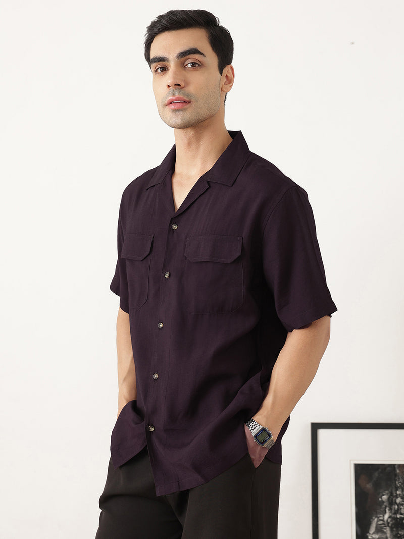 Thomas Scott Men Premium Wine Oversize Fit Short Sleeves Cuban Collar Textured Casual Shirt