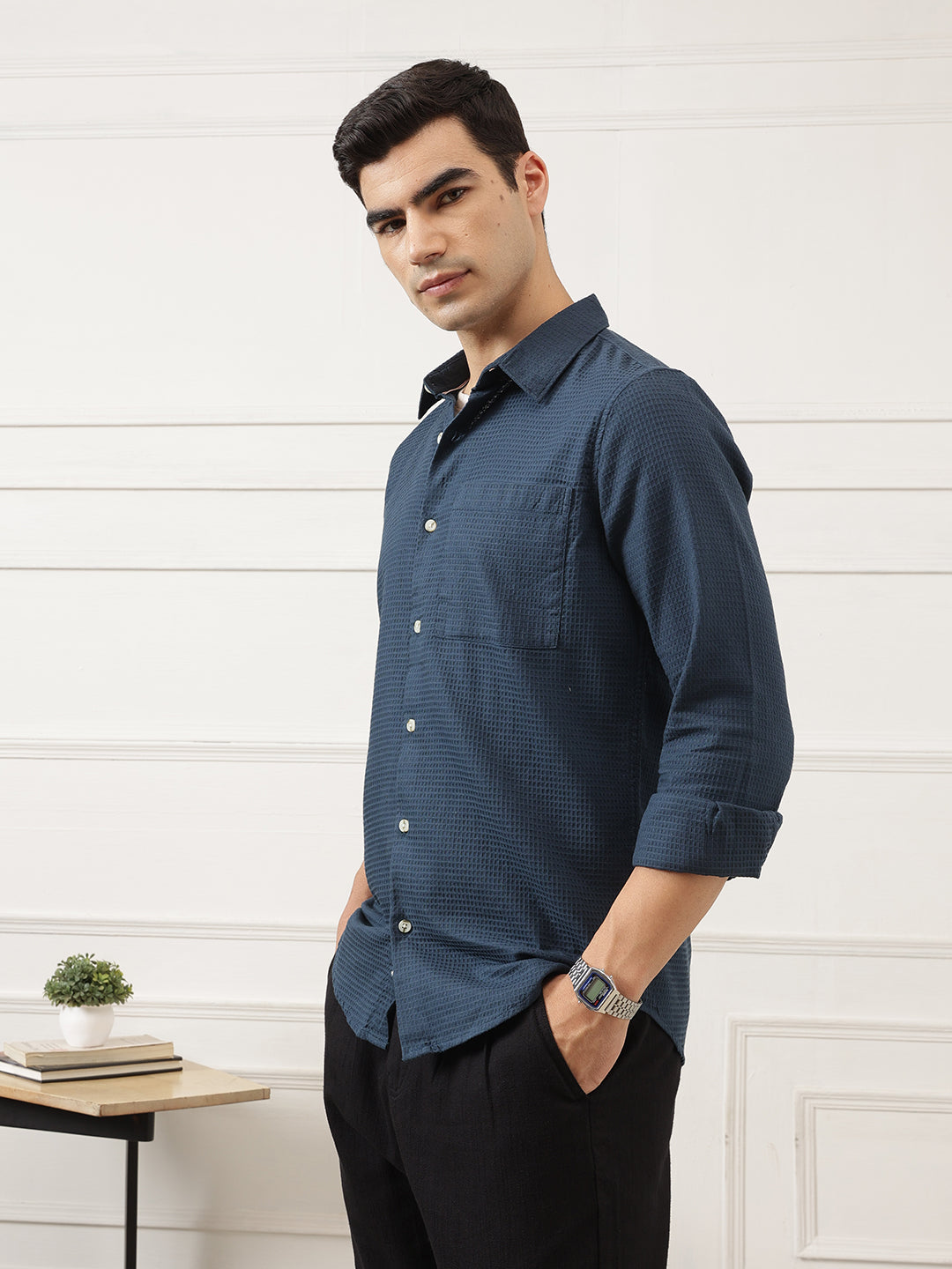 Teal Blue Premium Regular Fit Long Sleeves Spread Collar Textured Cotton Casual Shirt For Men