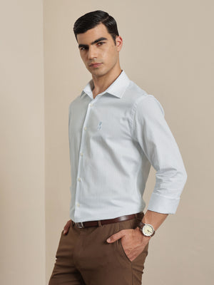 Thomas Scott Men Premium Blue Vertical Stripes Cotton Formal Shirt with Spread Collar & Full Sleeves