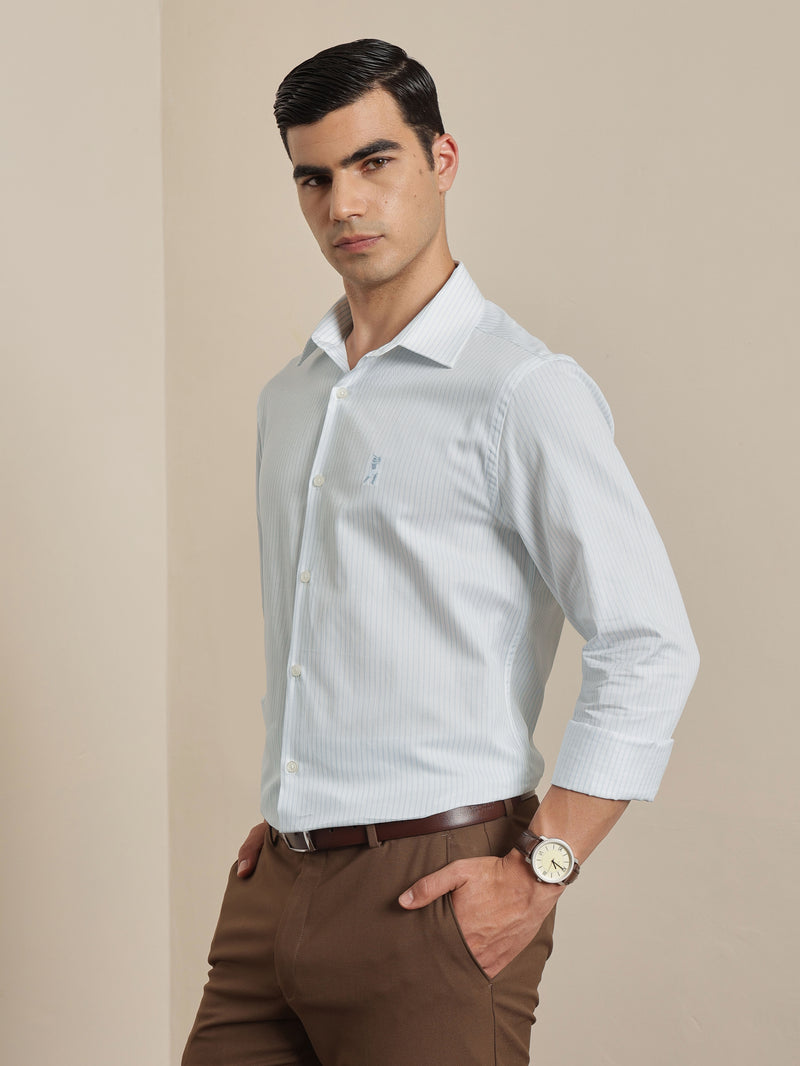 Thomas Scott Men Premium Blue Vertical Stripes Cotton Formal Shirt with Spread Collar & Full Sleeves