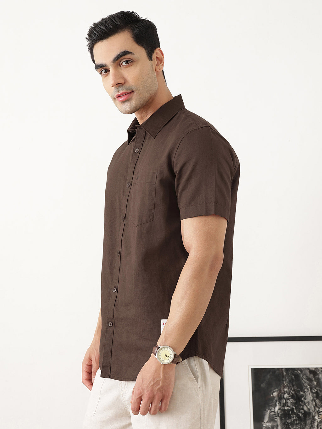 Thomas Scott Men Classic Brown Slim Fit Short Sleeves Spread Collar Solid Cotton Linen Casual Shirt
