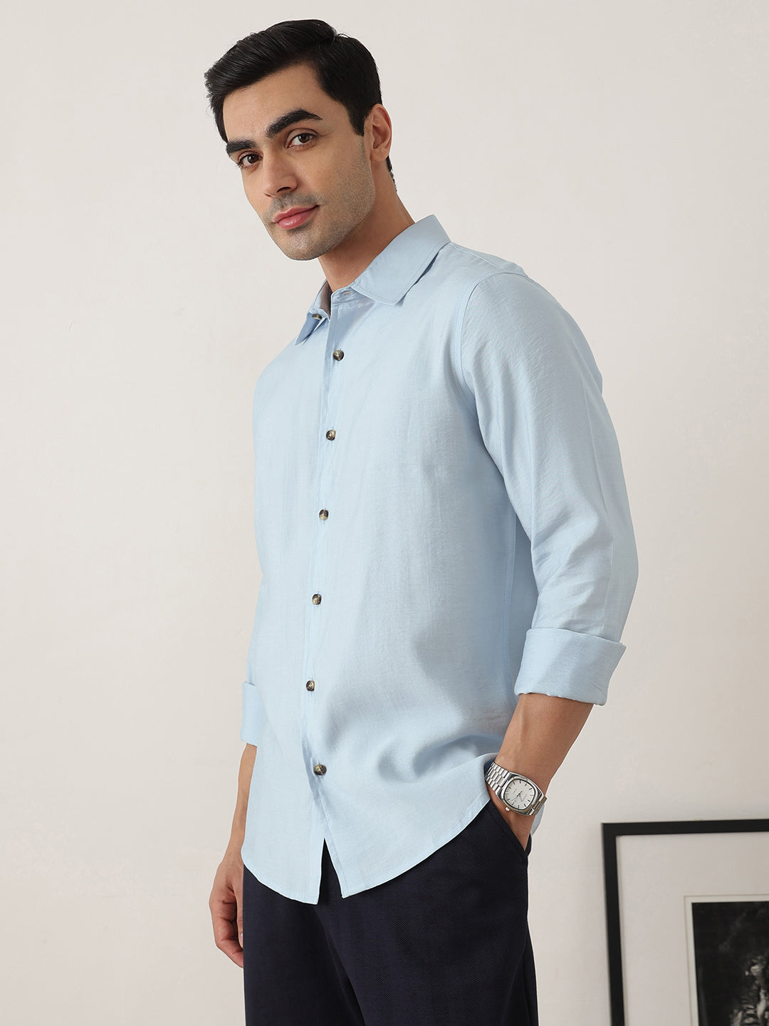 Thomas Scott Men Sky Blue Premium Slim Fit Long Sleeves Semi Cutaway Collar Casual Shirt