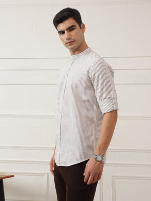 Maroon Regular Fit Vertical Striped Cotton Linen Casual Shirt For Men with Roll-Up Sleeves
