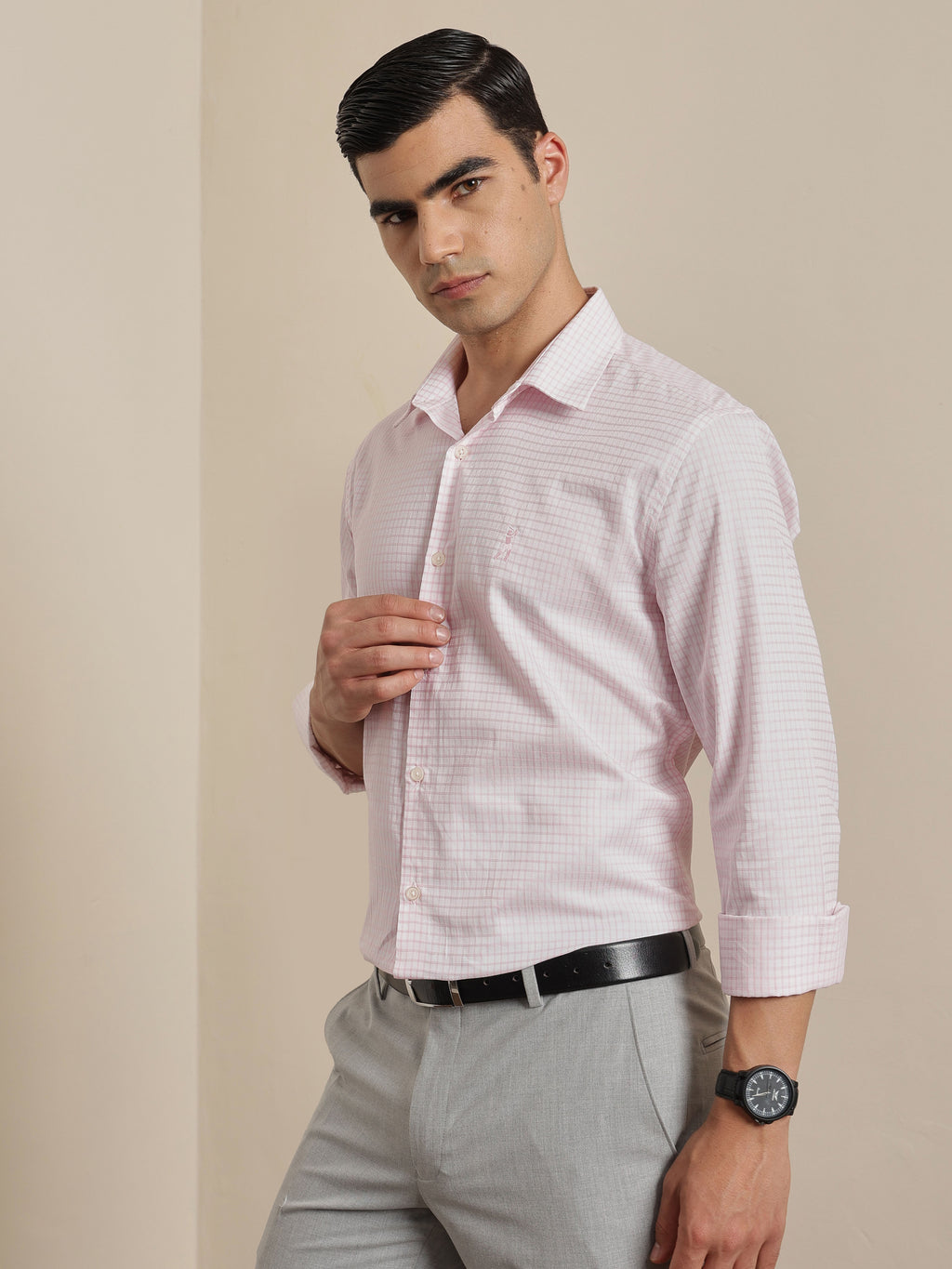 Thomas Scott Men Premium Pink Gingham Checks Cotton Formal Shirt with Spread Collar & Full Sleeves