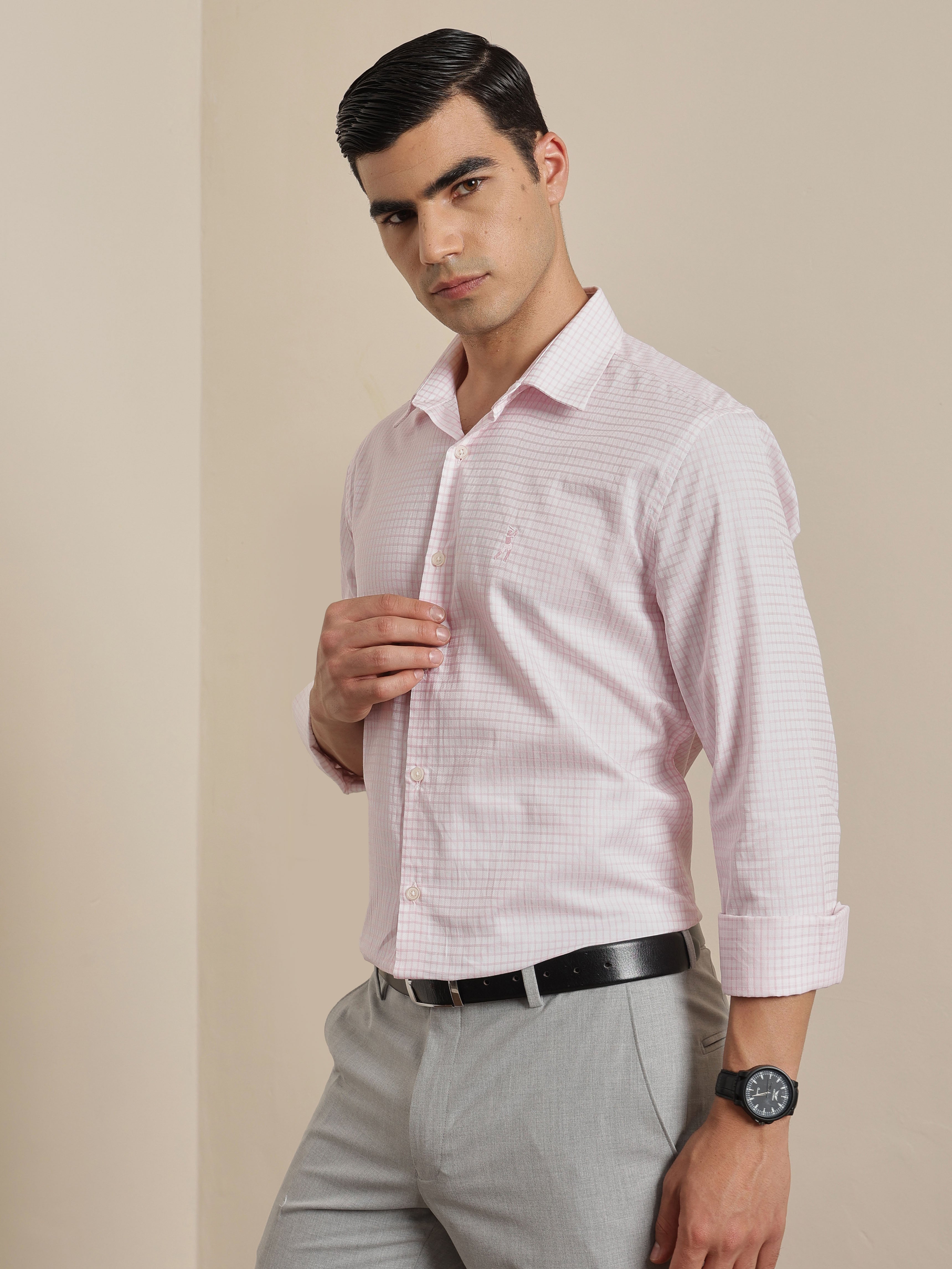 Thomas Scott Men Premium Pink Gingham Checks Cotton Formal Shirt with Spread Collar & Full Sleeves
