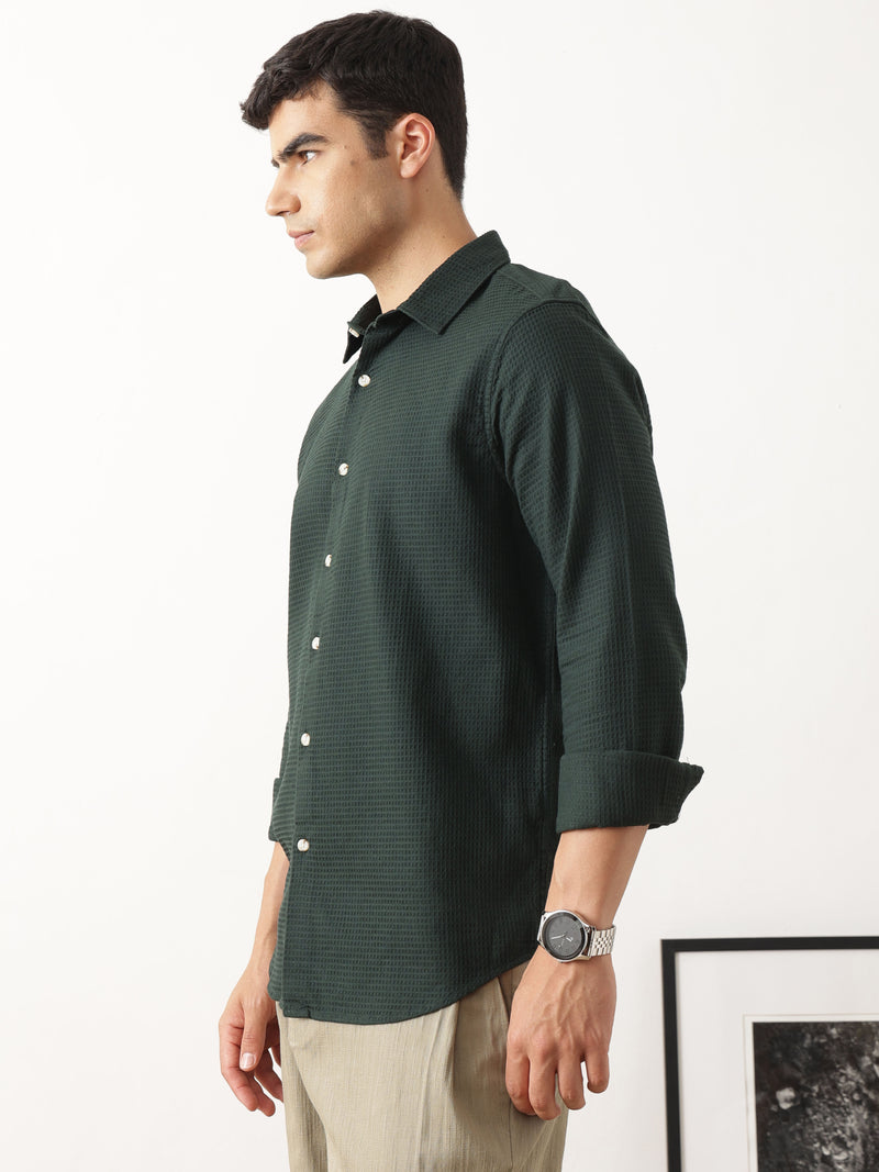 Thomas Scott Men Premium Green Regular Fit Long Sleeves Spread Collar Textured Casual Shirt