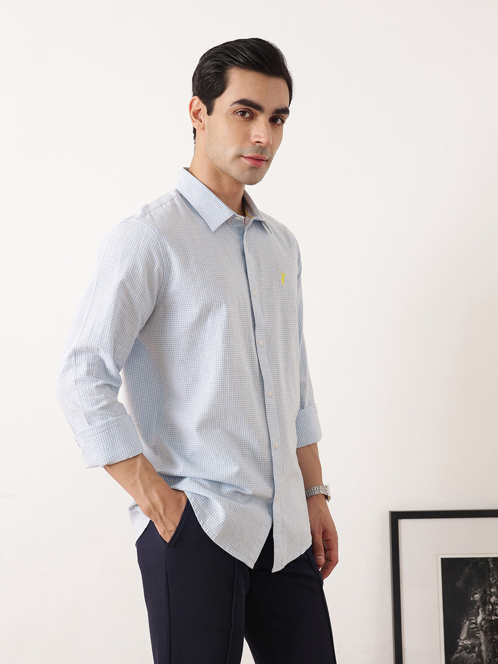 Thomas Scott Men Blue Premium Regular Fit Long Sleeves Spread Collar Gingham Checks Cotton Linen Casual Shirt