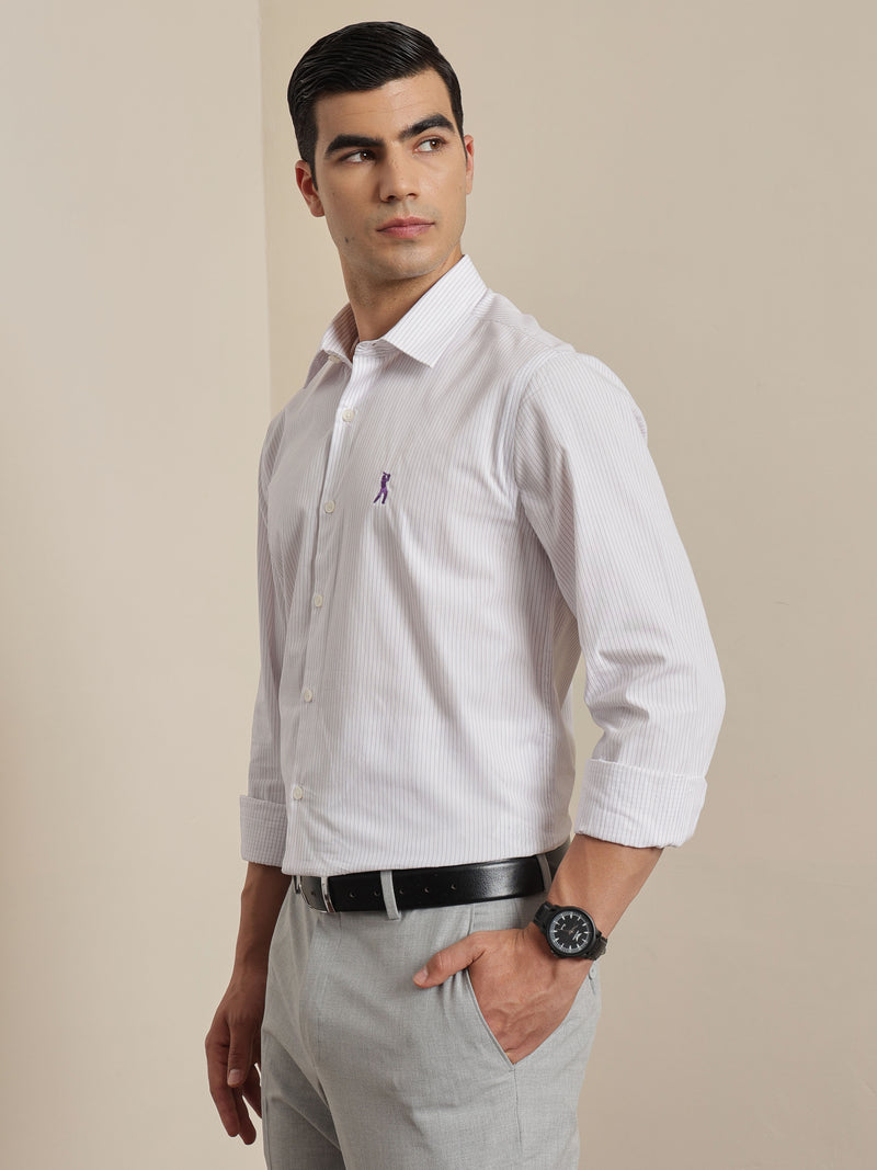 Thomas Scott Men Premium Purple Regular Fit Vertical Striped Cotton Formal Shirt with Spread Collar & Full Sleeves