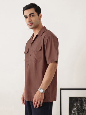 Thomas Scott Men Premium Rust Oversize Fit Short Sleeves Cuban Collar Textured Casual Shirt